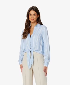 Women Blue & White Relaxed Striped Casual Shirt Tie-up